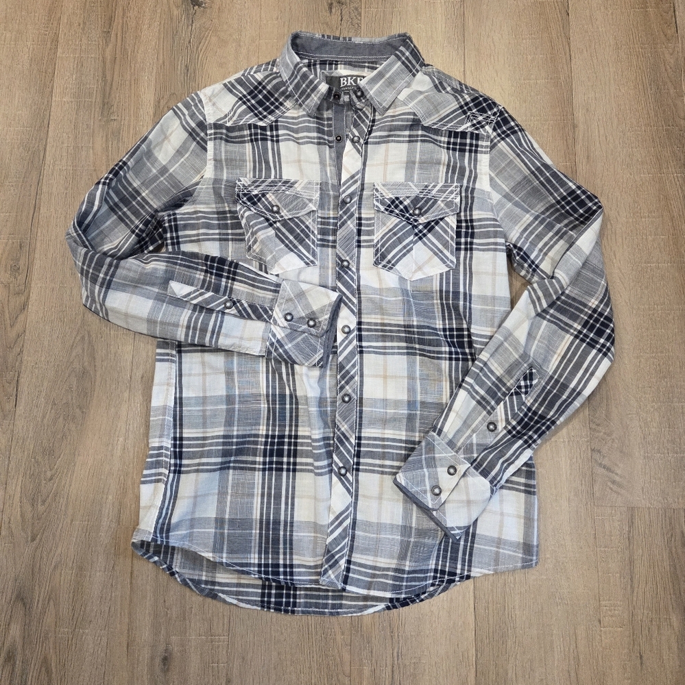 Bke Mens Sm Standard Fit Pearl Snap Long Sleeve Shirt  Plaid Gray Black Western